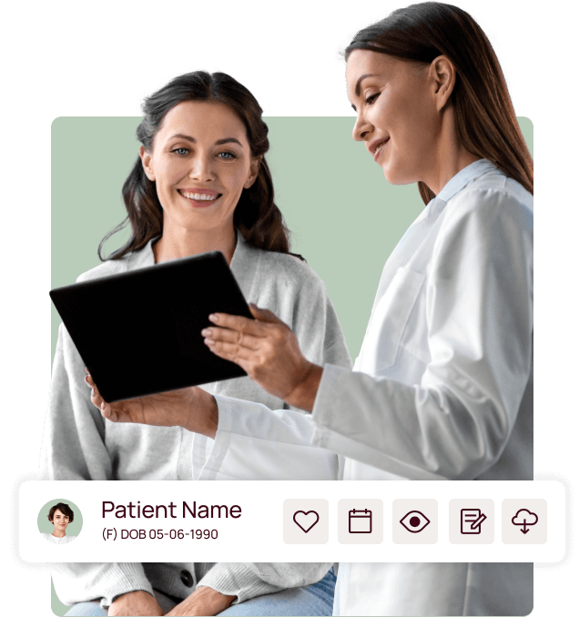 A healthcare professional and a patient reviewing information on a tablet, focusing on personalized and digital patient care through accessible cloud technology.