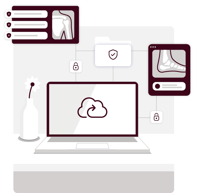 A stylized digital workspace illustration featuring a laptop with a cloud icon on its screen, surrounded by floating interface elements including security icons, image placeholders, and a vase with a single flower, representing a modern, organized online work environment.