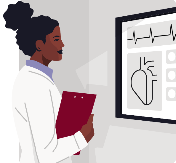 A healthcare professional analyzing a cardiogram report on the wall.