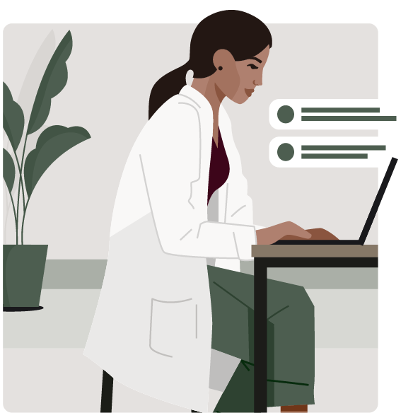 Illustration of a focused woman wearing a lab coat, working on a laptop at a desk with documents and a potted plant nearby.