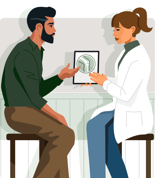 A male patient and a female doctor discuss information on a digital tablet. The patient is seated, facing a woman in a white coat who holds the tablet.