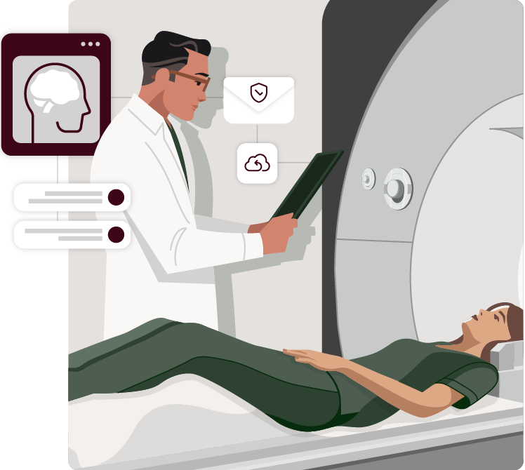 A healthcare professional reviews a digital chart while a patient undergoes an mri scan.