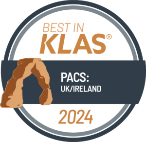 Logo featuring a circular design with the text "Best in KLAS," an arch-shaped image resembling a rock formation in the center, and a banner stating "PACS: UK/Ireland 2024.