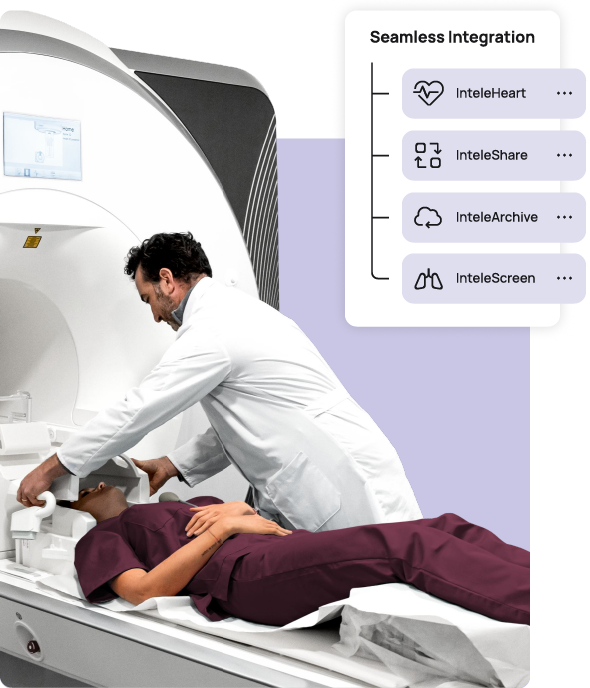 A medical professional assists a patient lying on an MRI machine. On the right, a purple box illustrates 