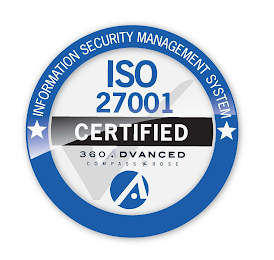 Round badge showing the certification "ISO 27001" for Information Security Management System, with a blue outer ring and stars, and a text banner reading "CERTIFIED" across the center. The bottom part includes text "360 Advanced Compass Rose" and a stylized logo.