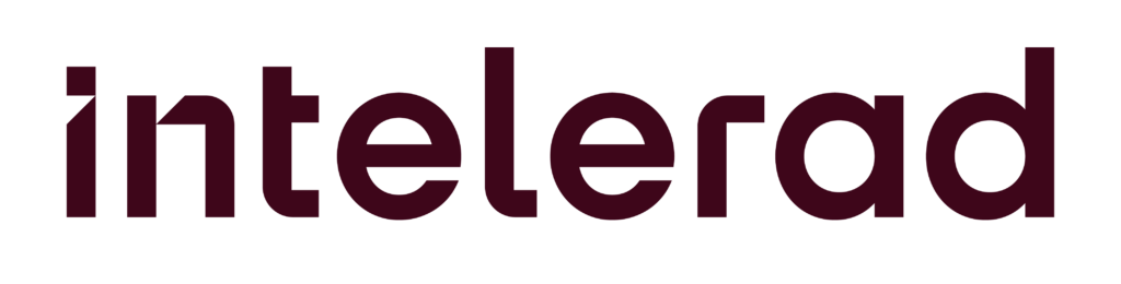 The image displays the logo of Intelerad, featuring the brand name "intelerad" in lowercase letters with a modern, clean font. The text is in a dark maroon color, standing out against a white background.