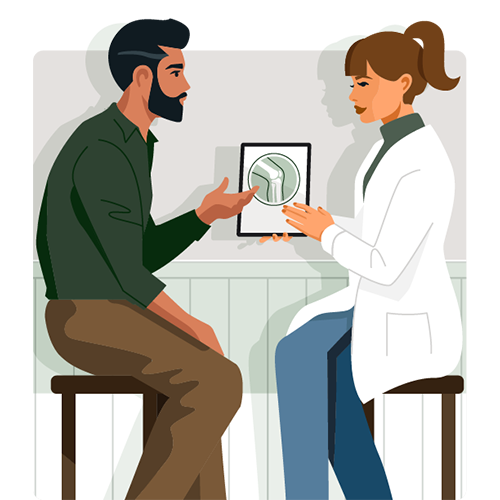 A man and a woman are sitting on stools facing each other. The woman, wearing a white lab coat, is holding a tablet displaying an X-ray image. The man is pointing at the tablet. They appear to be having a discussion, likely about the X-ray result.