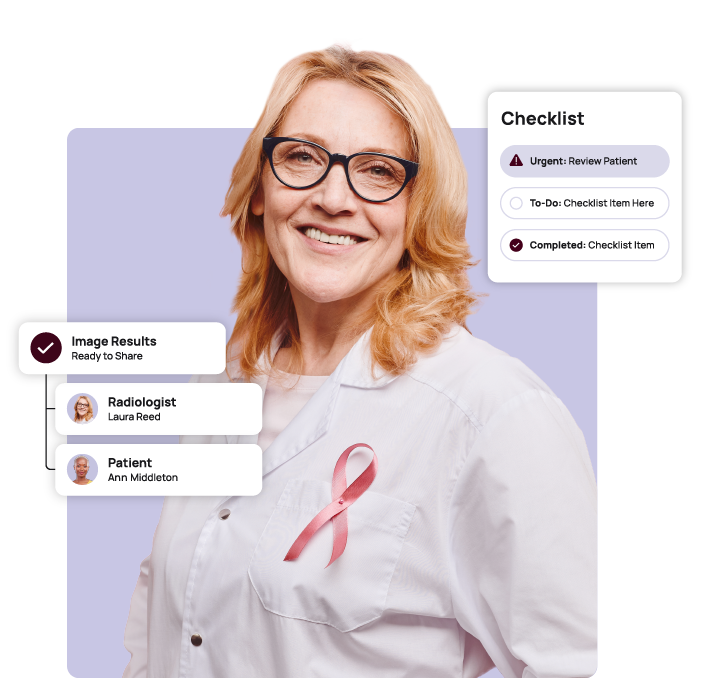 A woman with blonde hair and glasses stands smiling, wearing a white coat with a pink ribbon pinned on it. To the right is a checklist with various statuses, and to the left are labels indicating image results, radiologist, and patient details.