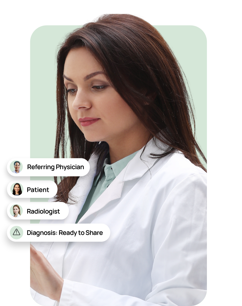 A female doctor in a white lab coat is focused on a tablet screen. Text bubbles next to her list 