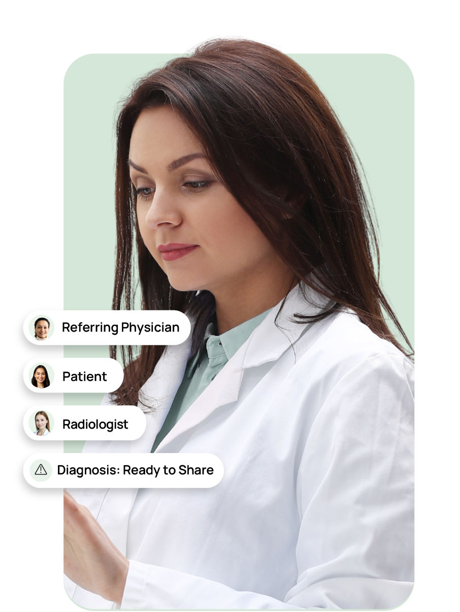 A female doctor in a white coat holds a tablet. Speech bubbles next to her display 