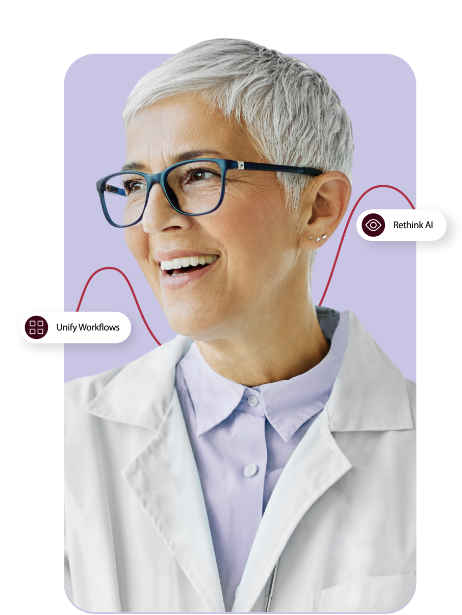 A smiling elderly woman with short white hair and glasses, wearing a white lab coat over a light purple shirt. Behind her is a purple background with icons and text that read 