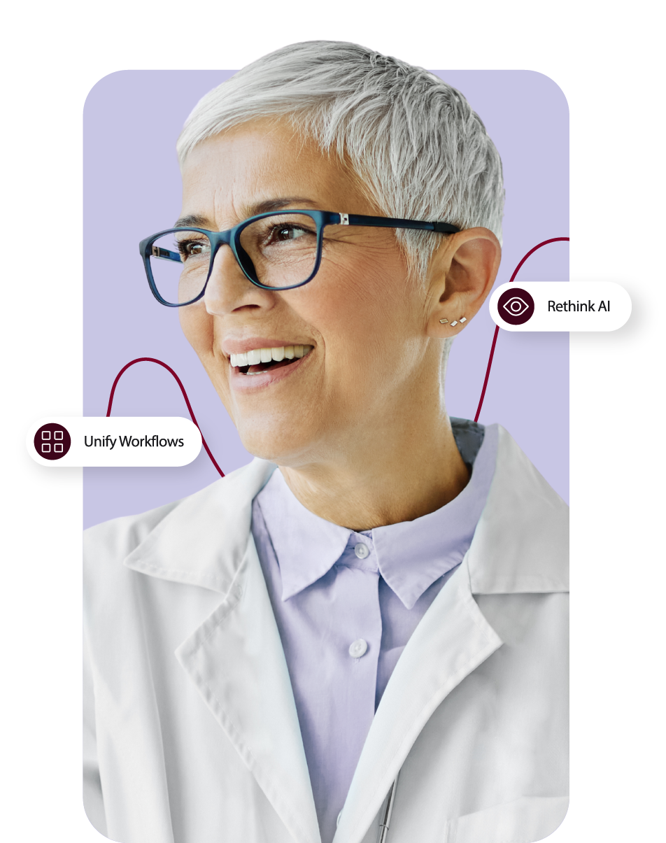 A smiling elderly woman with short gray hair and black-framed glasses, wearing a white lab coat over a light shirt. Two text bubbles near her read 