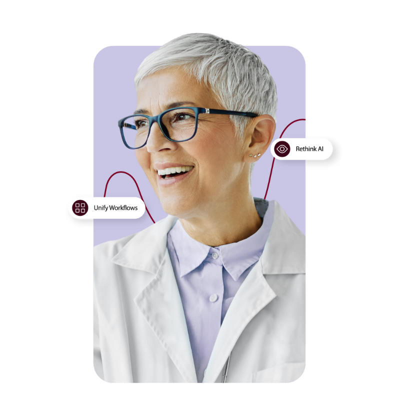 A person with short gray hair and glasses wearing a white lab coat smiles. The background is purple with icons labeled 