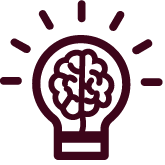 Illustration of a light bulb with a brain inside, surrounded by rays, symbolizing the concept of bright ideas or thinking. The design is drawn in dark red.